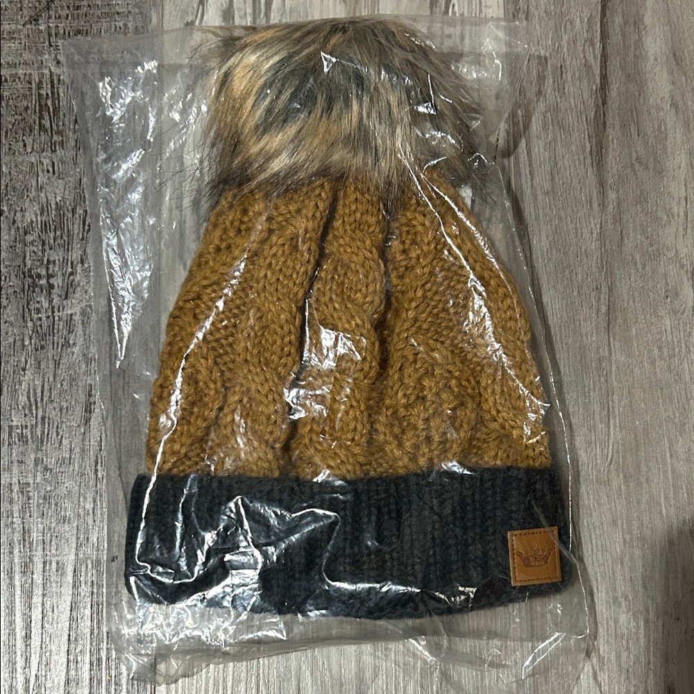 New Panache Mustard and Black Knit Hat with Faux Fur Pom
